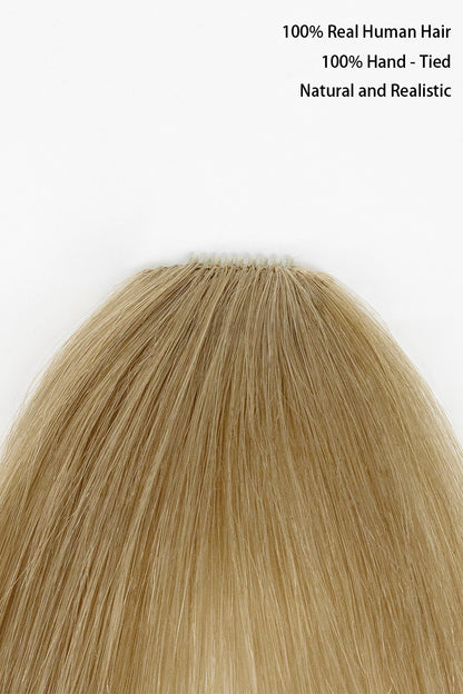 Dark Blonde  hair extension with text indicating 100% real human hair and hand-tied quality on a white background.