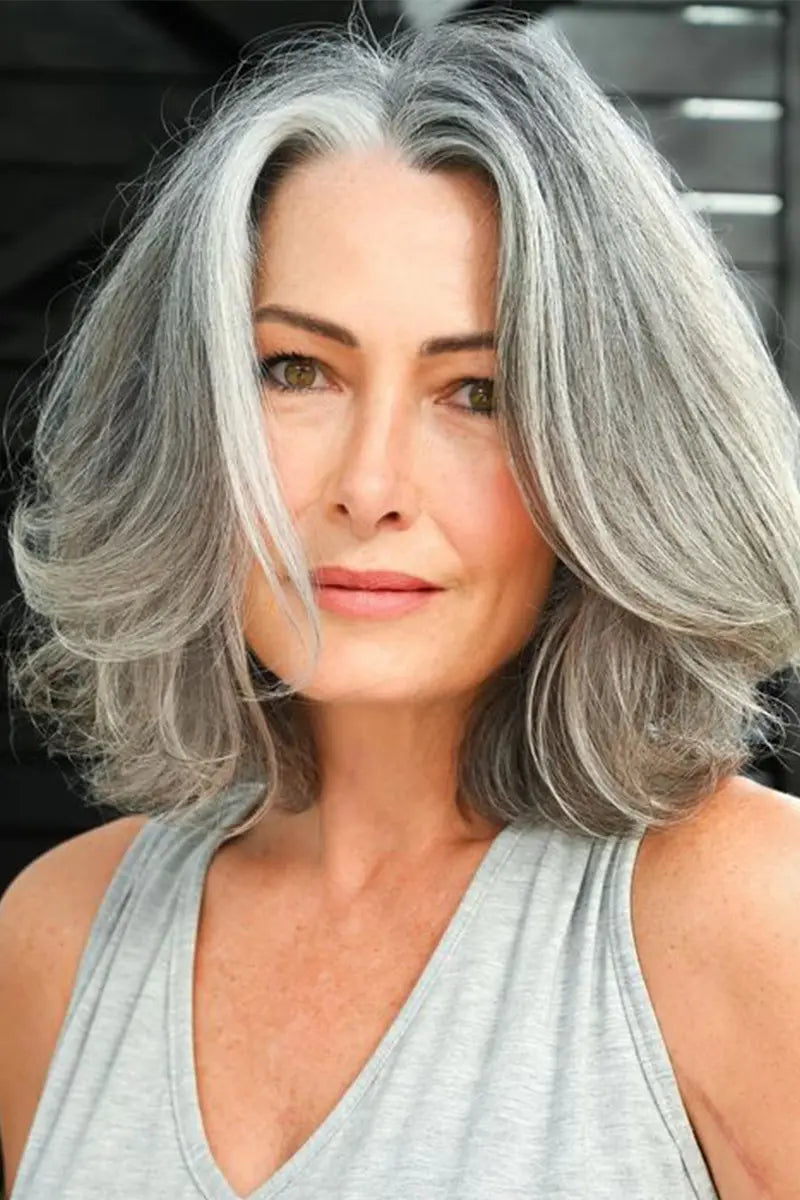 Topper de cabello humano Mona de color castaño claro y gris