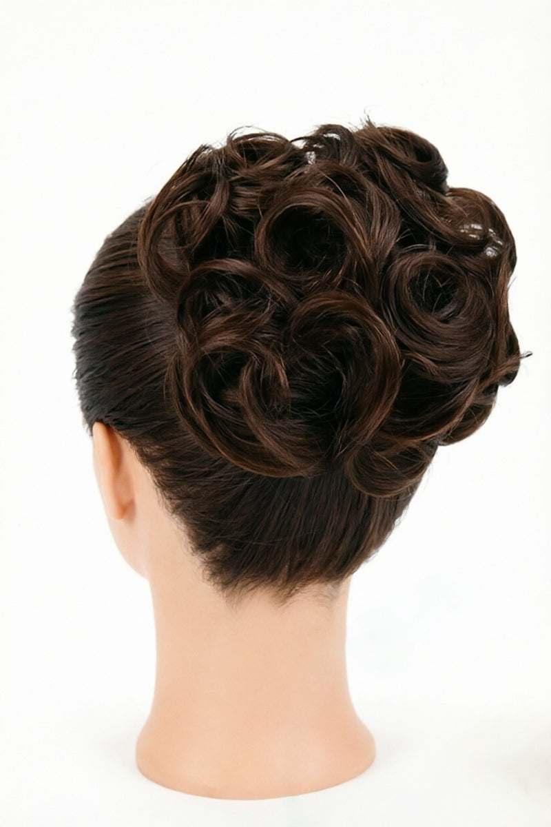 A dark brown curly hair updo displayed on a mannequin head from the back, shown against a plain white background.