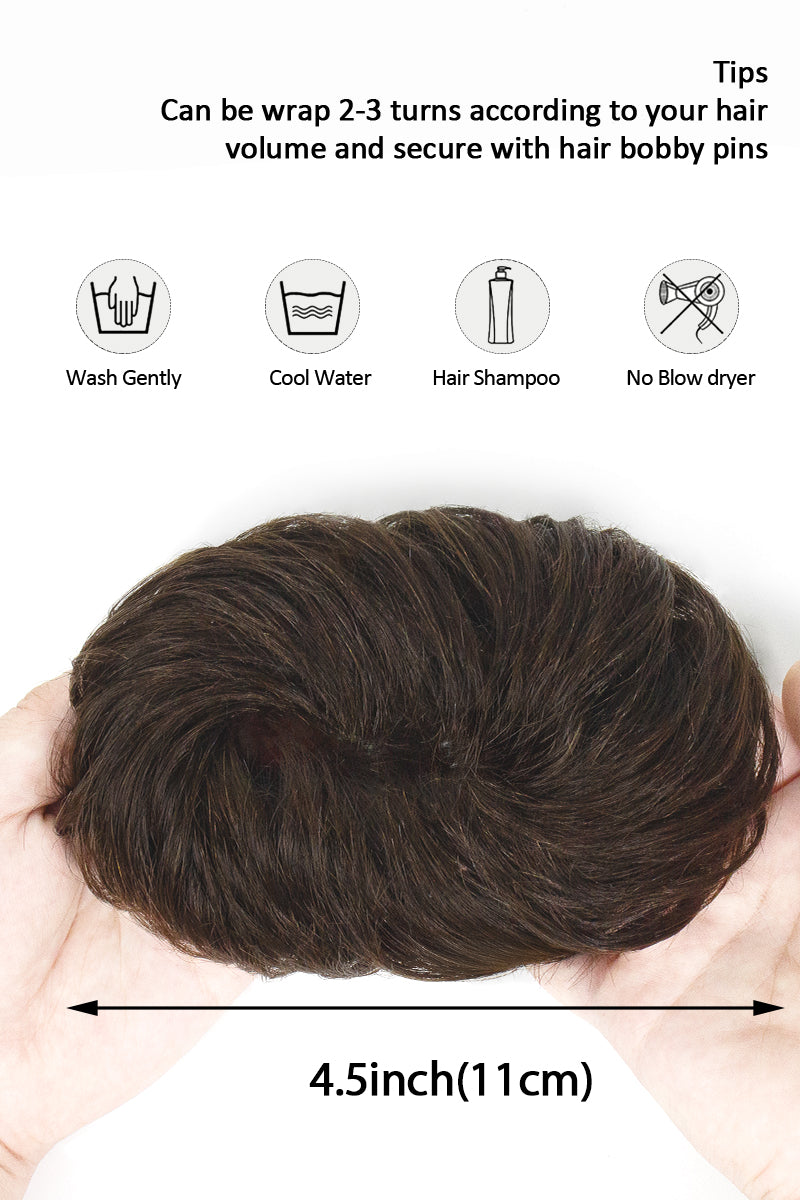 A dark brown textured hairpiece or wig extension shown being held in two hands, with instructional text and icons above and a width measurement of 4.5 inches (11 cm) below on a white background.