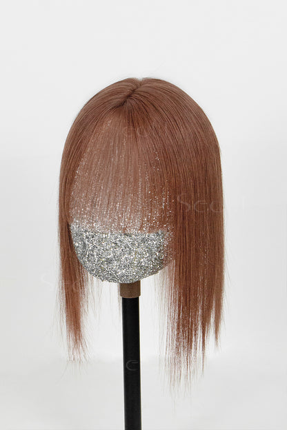 Mona-B Handmade Human Hair Topper with Bangs Dark Auburn Brown 