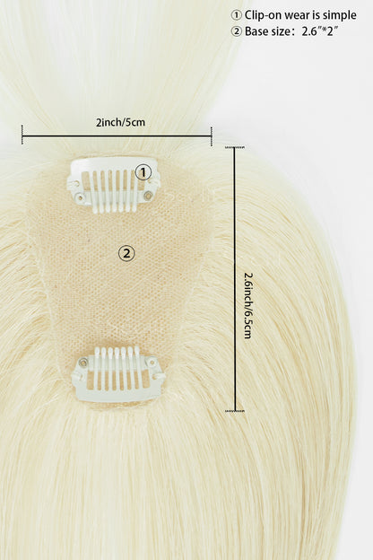 Blonde hair extension clip-in wefts with measurement annotations showing 2 inch width and 2.6 inch base size on a white background.