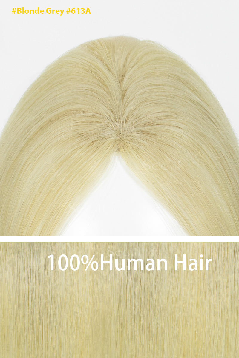 A close-up of a blonde wig or hairpiece showing the top part with a center part, labeled &