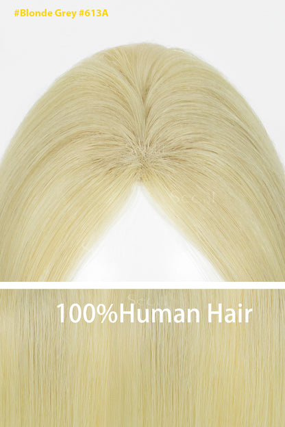 A close-up of a blonde wig or hairpiece showing the top part with a center part, labeled &