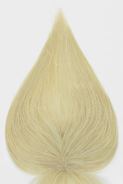 A teardrop-shaped section of straight, light blonde hair on a plain white background, likely a hair swatch or wig sample.