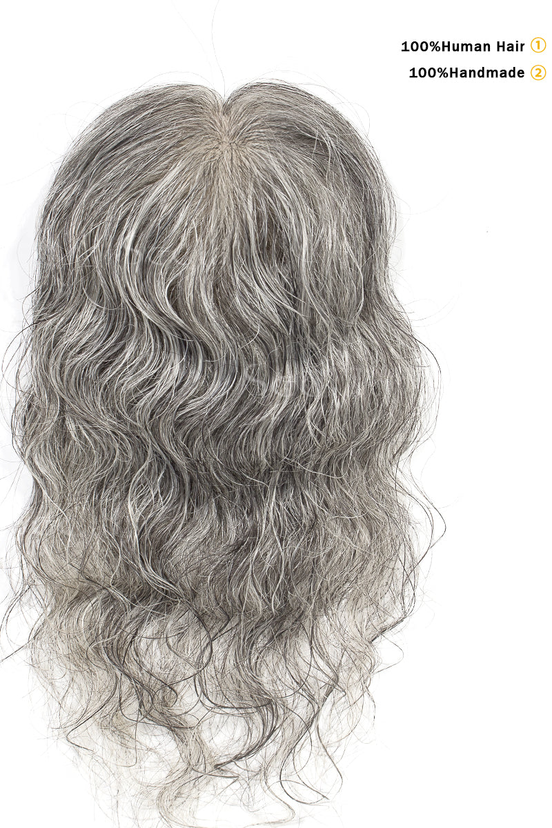 Flavia-C02  Wave Curly Human Hair Toppers (Grey and White)