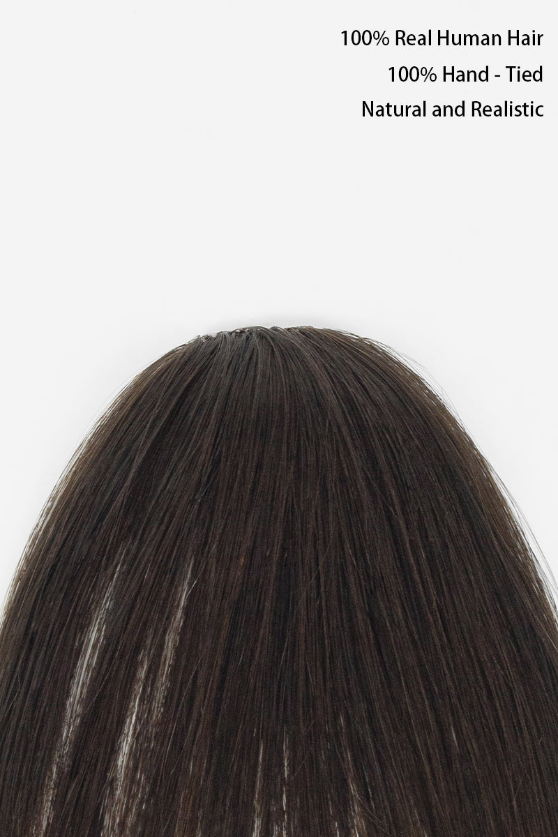 Dark brown straight human hair wig with a center part, shown from the back against a white background with text reading &