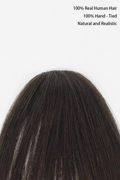 Dark brown straight human hair wig with a center part, shown from the back against a white background with text reading &