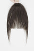 A dark brown hair extension piece with straight, shoulder-length bangs held up by a hand against a plain white background.