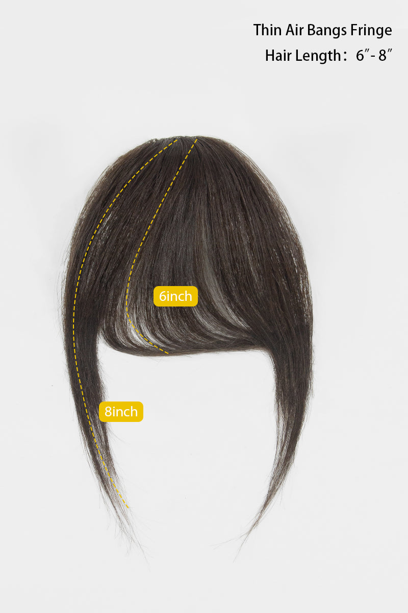 Thin Air Bangs Fringe hairpiece shown on a plain light background with measurement callouts indicating 6-inch and 8-inch lengths.