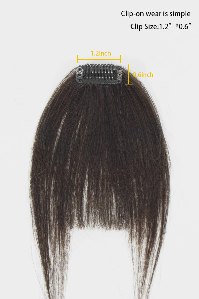 A dark brown clip-on hair extension with a clear adhesive clip, shown against a white background with yellow dimension lines indicating a width of 1.2 inches and height of 0.