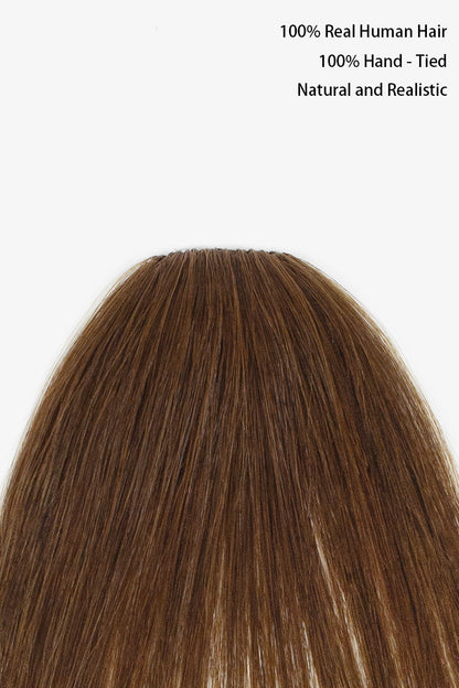 A straight, shoulder-length brown wig with subtle warm highlights, shown against a plain white background with black text in the top right reading &