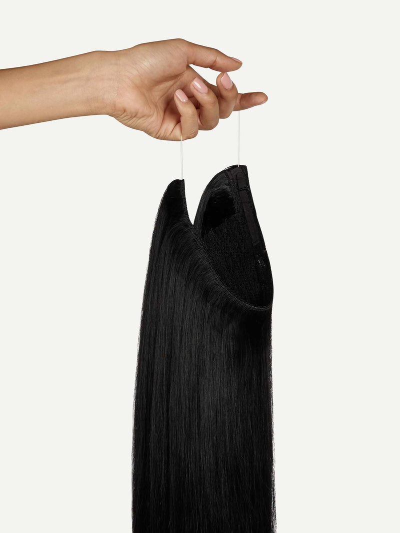Dolly Halo Clips em extensões de cabelo preto natural