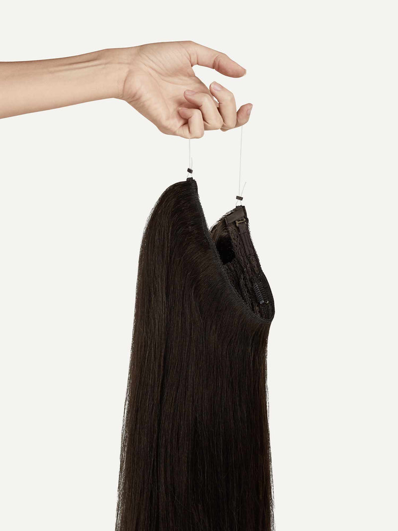 Dolly Halo Clips em extensões de cabelo preto natural
