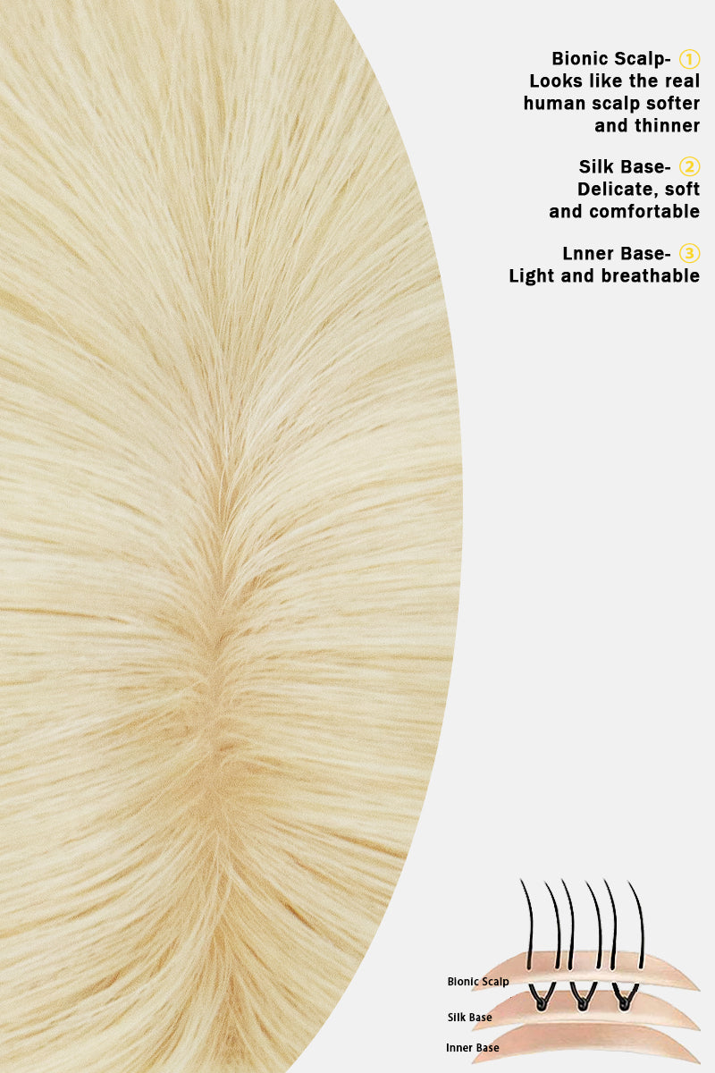A close-up hair swatch showing light blonde bionic hair on a white background, with text describing the product as bionic scalp, silk base, delicate, soft, and comfortable, plus a small diagram of hair layers at the bottom right.