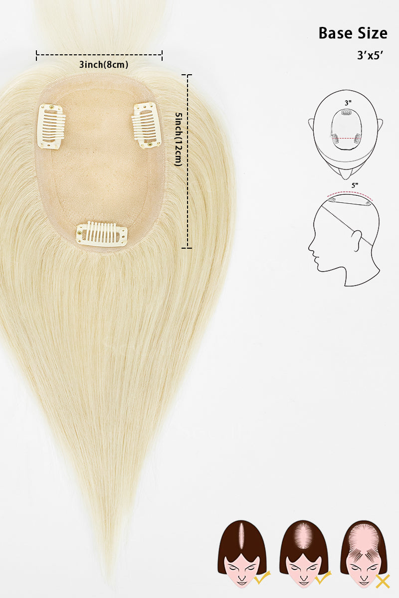 A long straight blonde hair extension piece with clip-in attachments, shown on a white background with dimension labels, base size measurements, side profile head diagrams, and three small hair styling examples.