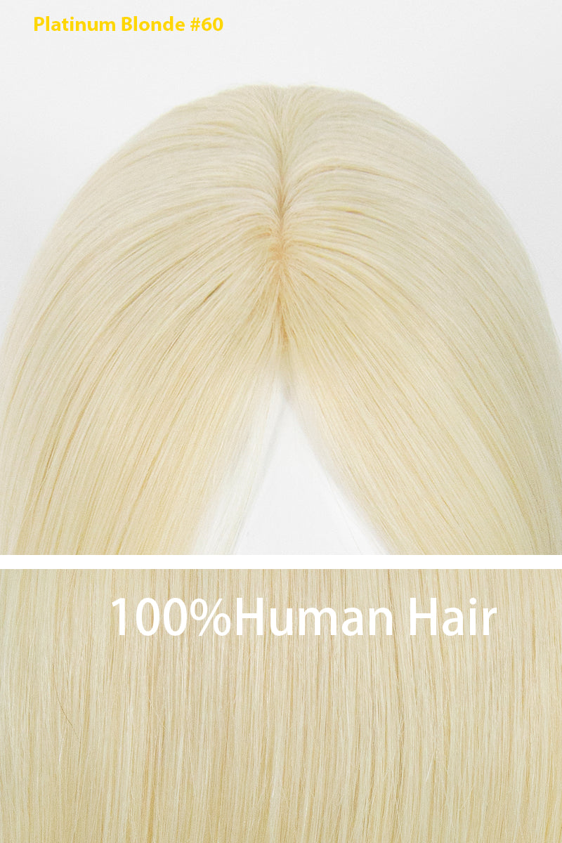 A close-up of a straight platinum blonde wig or hair extension showing the center part and smooth texture, with text reading &
