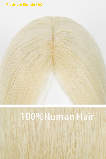 A close-up of a straight platinum blonde wig or hair extension showing the center part and smooth texture, with text reading &