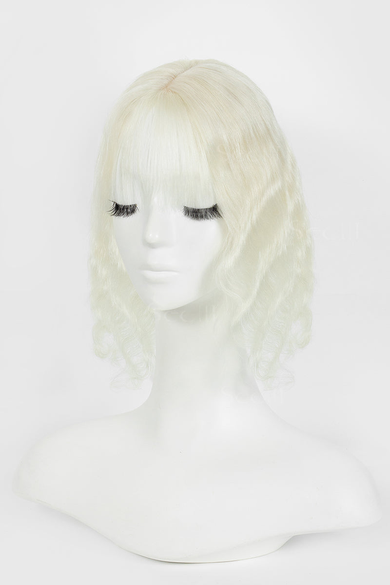 Flavia-C01 White Blonde Wave Curly Human Hair Topper on mannequin – front angle view showing natural voluminous curls 