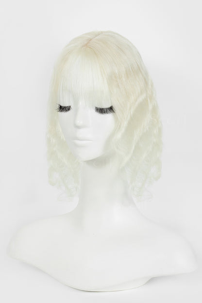 Flavia-C01 White Blonde Wave Curly Human Hair Topper on mannequin – front angle view showing natural voluminous curls 