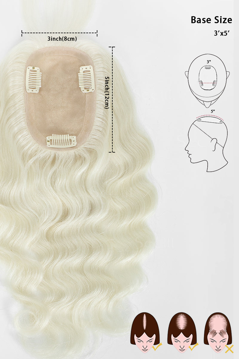 Flavia-C01 White Blonde Hair Topper base size 3x5 inch with clip attachment diagram showing placement for thinning hair