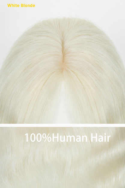 Flavia-C01 White Blonde Hair Topper – close-up of natural parting and 100% human hair texture detail