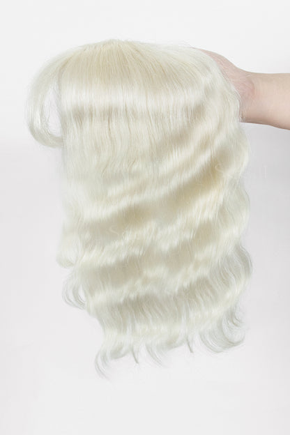 Flavia-C01 White Blonde Wave Curly Human Hair Topper held by hand – back view showing full curl pattern and length