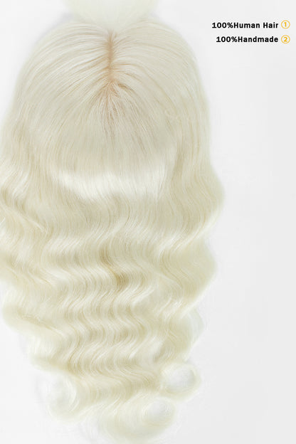 Flavia-C01 White Blonde 100% Human Hair Topper – top-down view showing natural part, 100% human hair and handmade construction