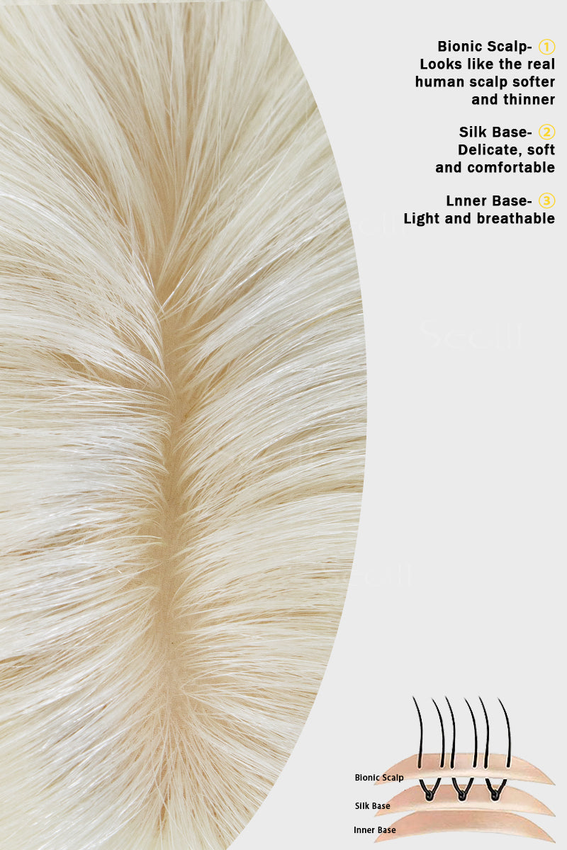 Flavia-C02 White Blonde Hair Topper – bionic scalp silk base construction close-up detail