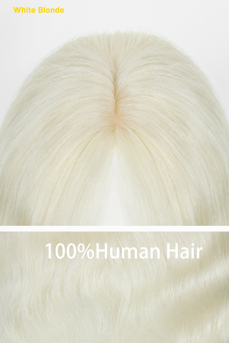 Flavia-C02 White Blonde 100% Human Hair Topper – parting close-up showing natural hairline