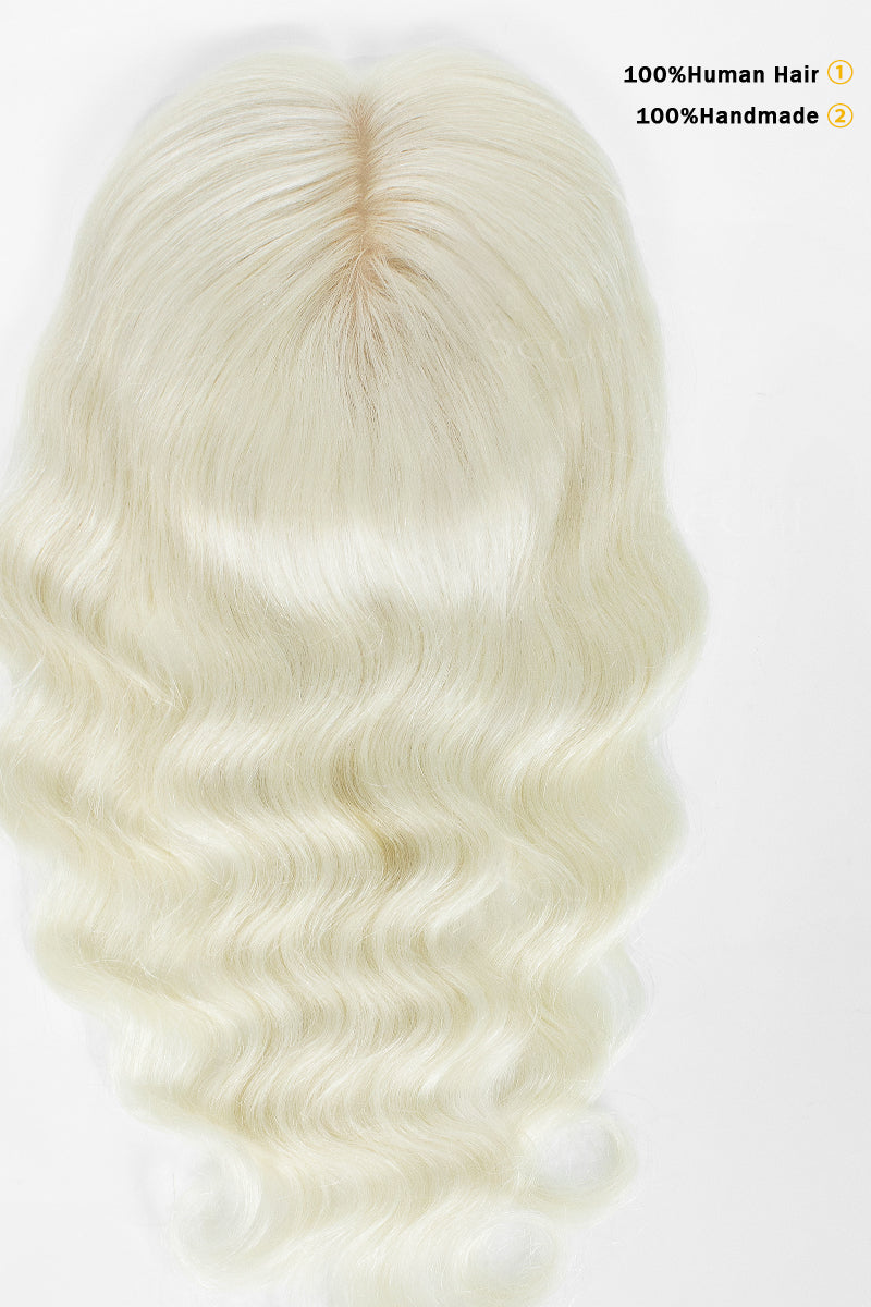 Flavia-C02 White Blonde 100% Human Hair Topper – top view showing handmade construction and natural part