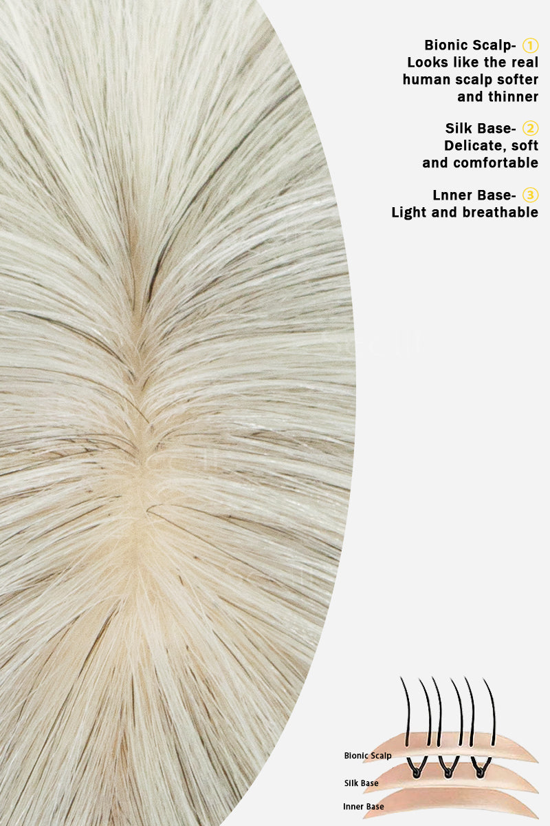 Close-up of a light beige to off-white bionic hair extension showing the hair texture and part line, with text callouts on the right describing the bionic scalp, silk base, and inner base, plus a small diagram at the bottom.