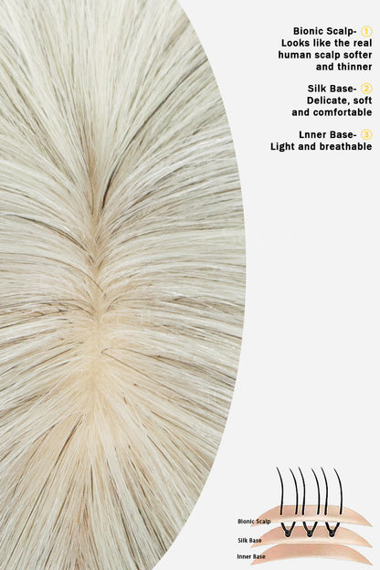Close-up of a light beige to off-white bionic hair extension showing the hair texture and part line, with text callouts on the right describing the bionic scalp, silk base, and inner base, plus a small diagram at the bottom.