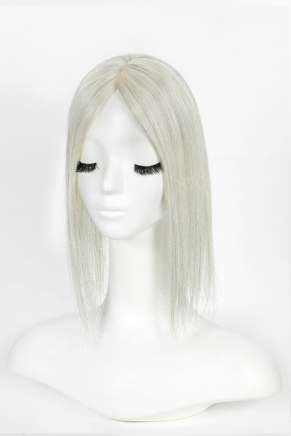 A straight, shoulder-length wig in a very light ash silver or off-white color, displayed on a white mannequin head and bust against a plain white background.