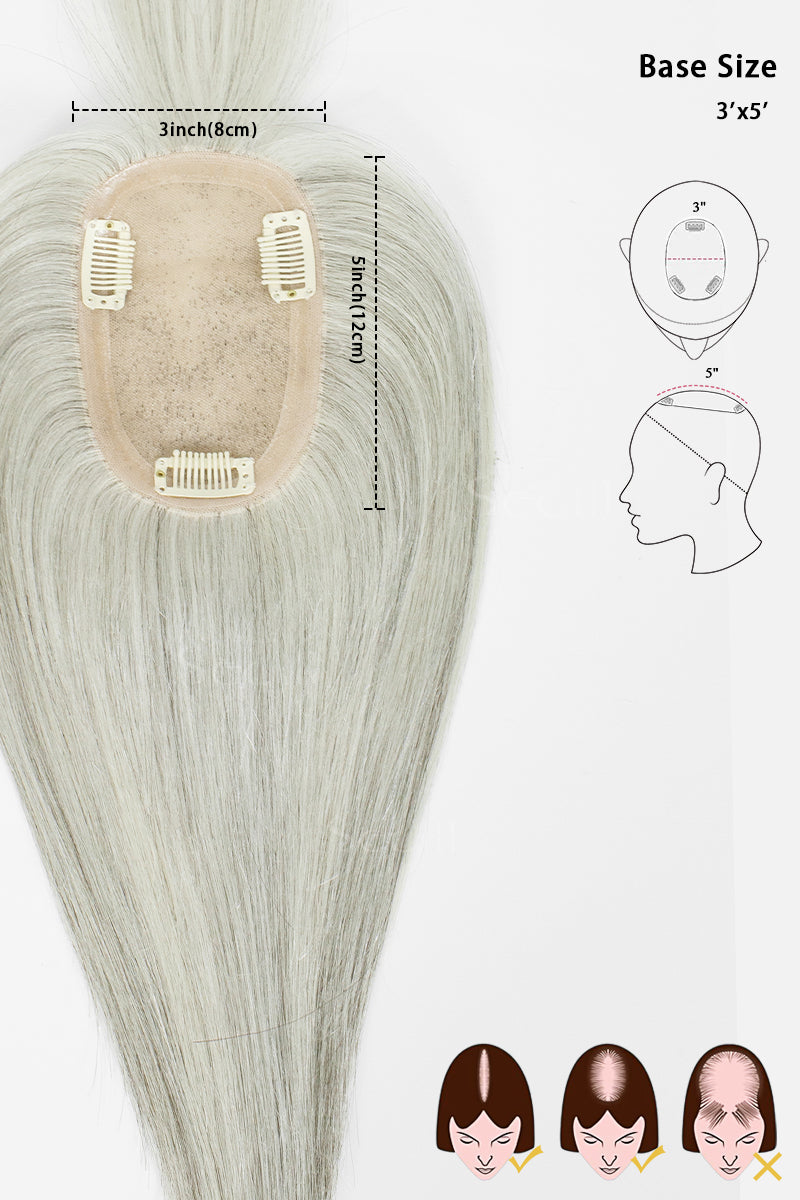 Light ash gray clip-in hair extension with a beige lace top, showing product dimensions, base size measurements, and application diagrams on a white background.