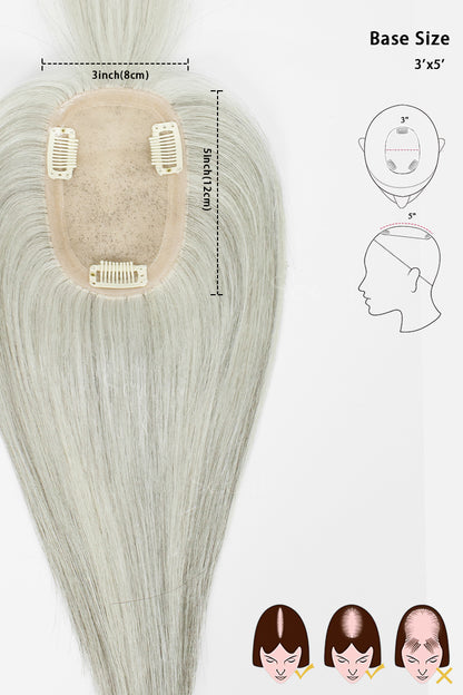 Light ash gray clip-in hair extension with a beige lace top, showing product dimensions, base size measurements, and application diagrams on a white background.
