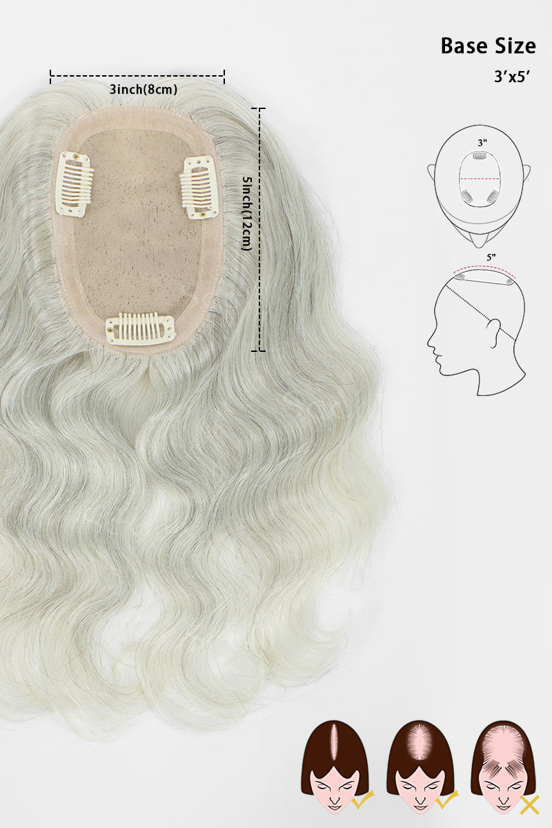 Flavia-C02  Wave Curly Human Hair Toppers Light Salt and Pepper Grey 