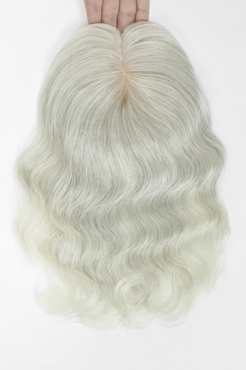Flavia-C02  Wave Curly Human Hair Toppers Light Salt and Pepper Grey 