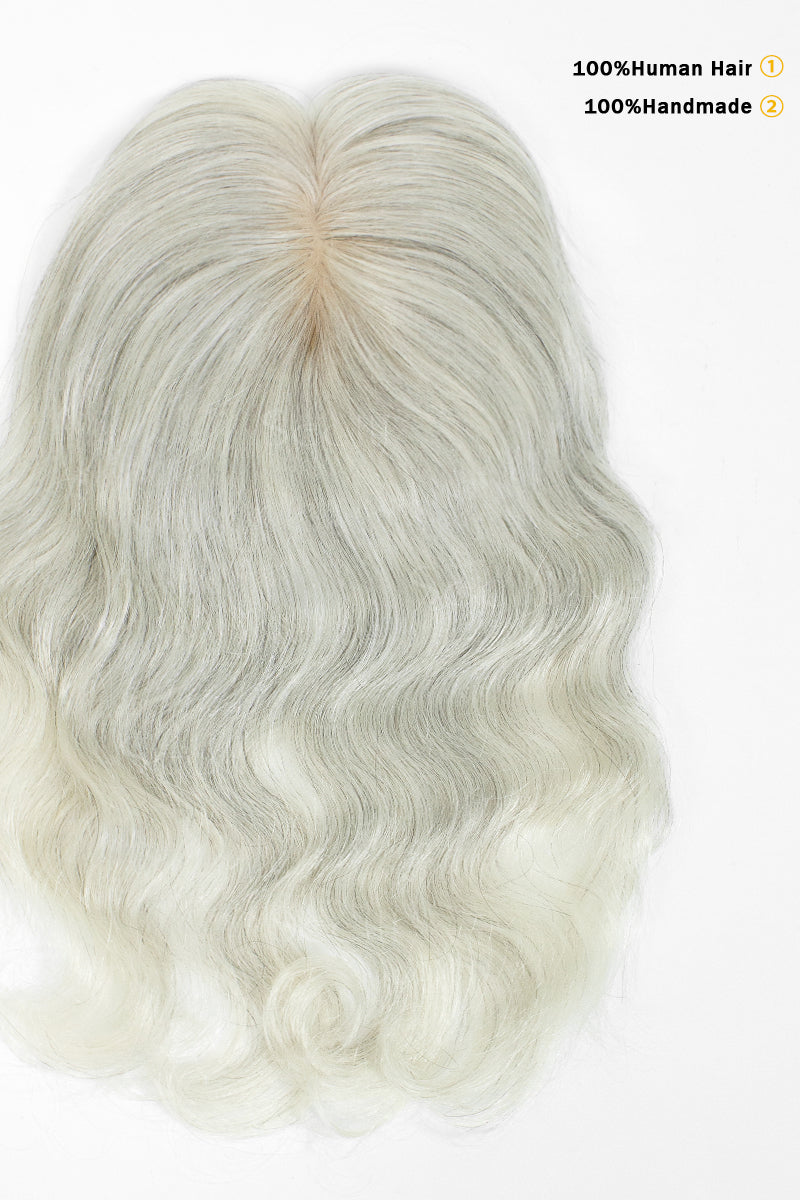 Flavia-C02  Wave Curly Human Hair Toppers Light Salt and Pepper Grey 