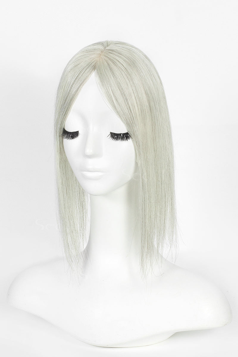 A straight, shoulder-length wig with a center part, displayed on a white mannequin head and bust against a plain white background.