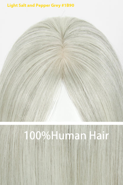 A close-up of a synthetic or human hair extension piece showing a center part, labeled &