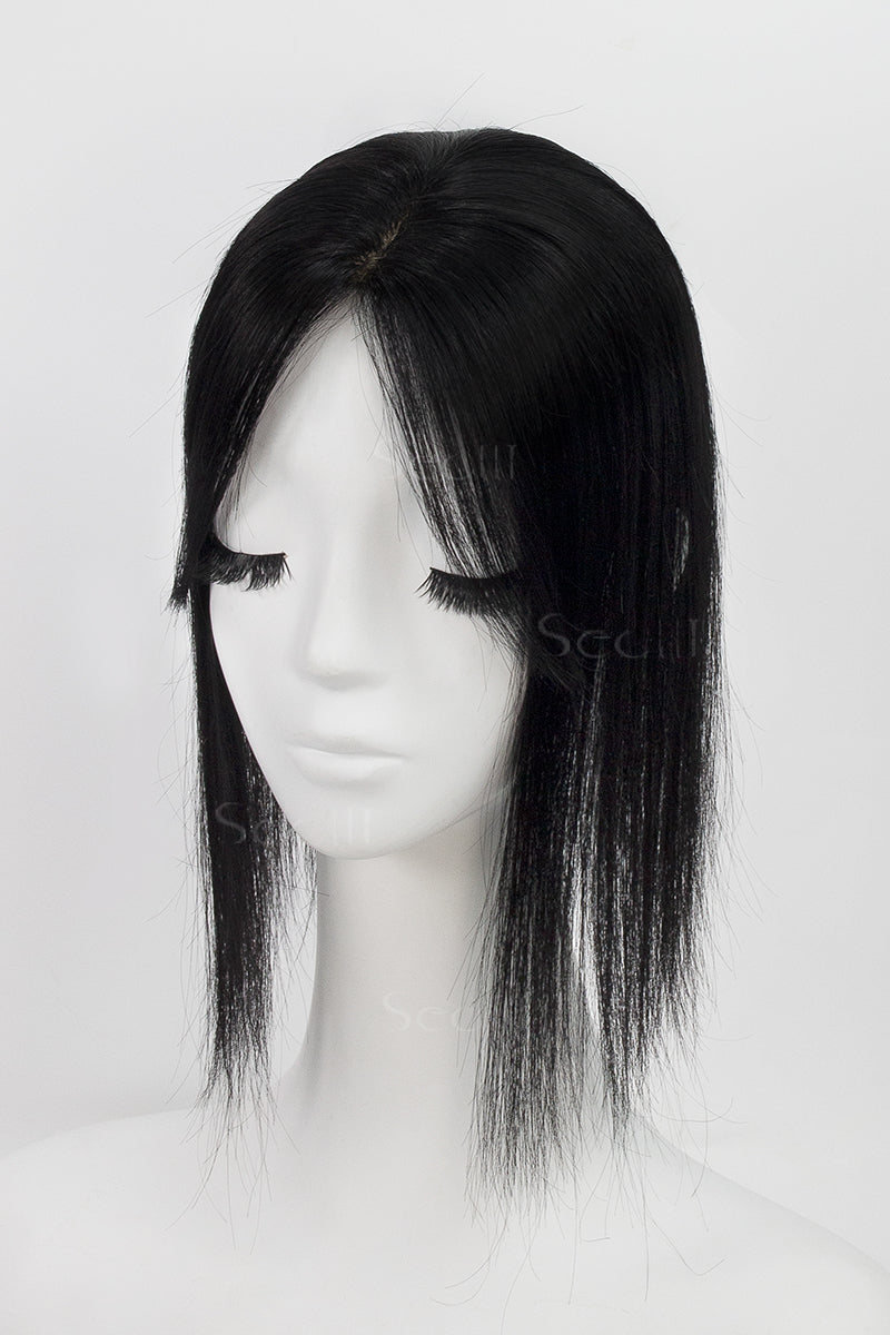 Flavia-B Silk Top Remy Human Hair Topper with Bangs Dark Black 