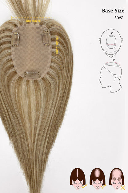 Flavia-B Silk Top Remy Human Hair Topper with Bangs Golden Brown Bleach Blonde 