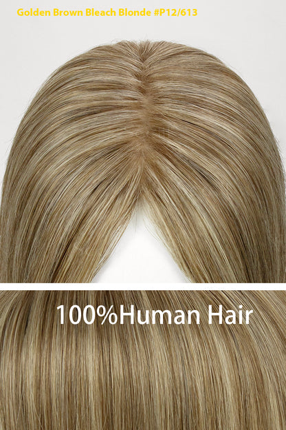 Flavia-B Silk Top Remy Human Hair Topper with Bangs Golden Brown Bleach Blonde 