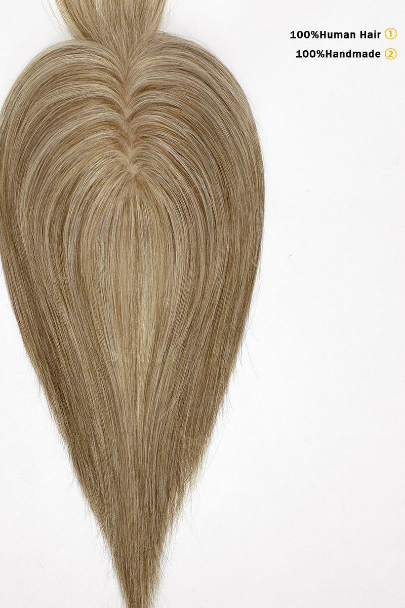 Flavia-B Silk Top Remy Human Hair Topper with Bangs Golden Brown Bleach Blonde 