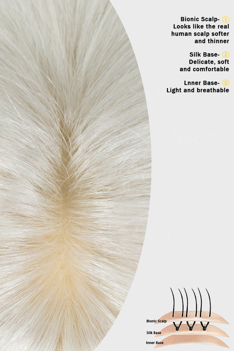 Close-up of a hair product with text describing features like bionic scalp, silk base, and inner base.