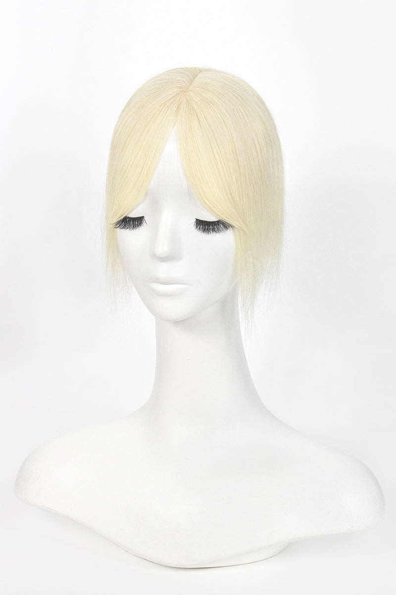 A short, straight blonde wig with bangs displayed on a white mannequin bust against a plain white background.
