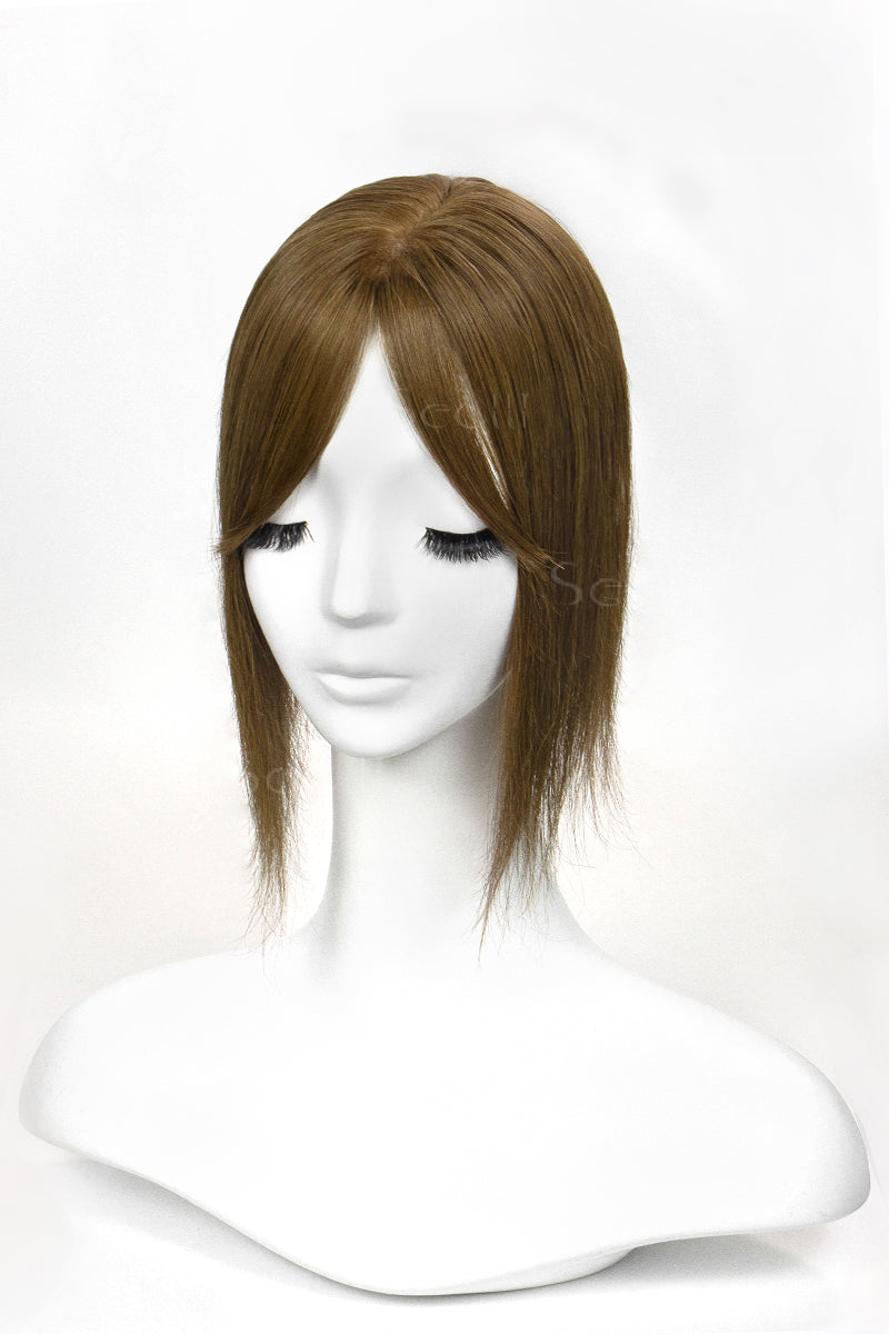 Flavia-B Silk Top Remy Human Hair Topper with Bangs Medium Ash Brown 