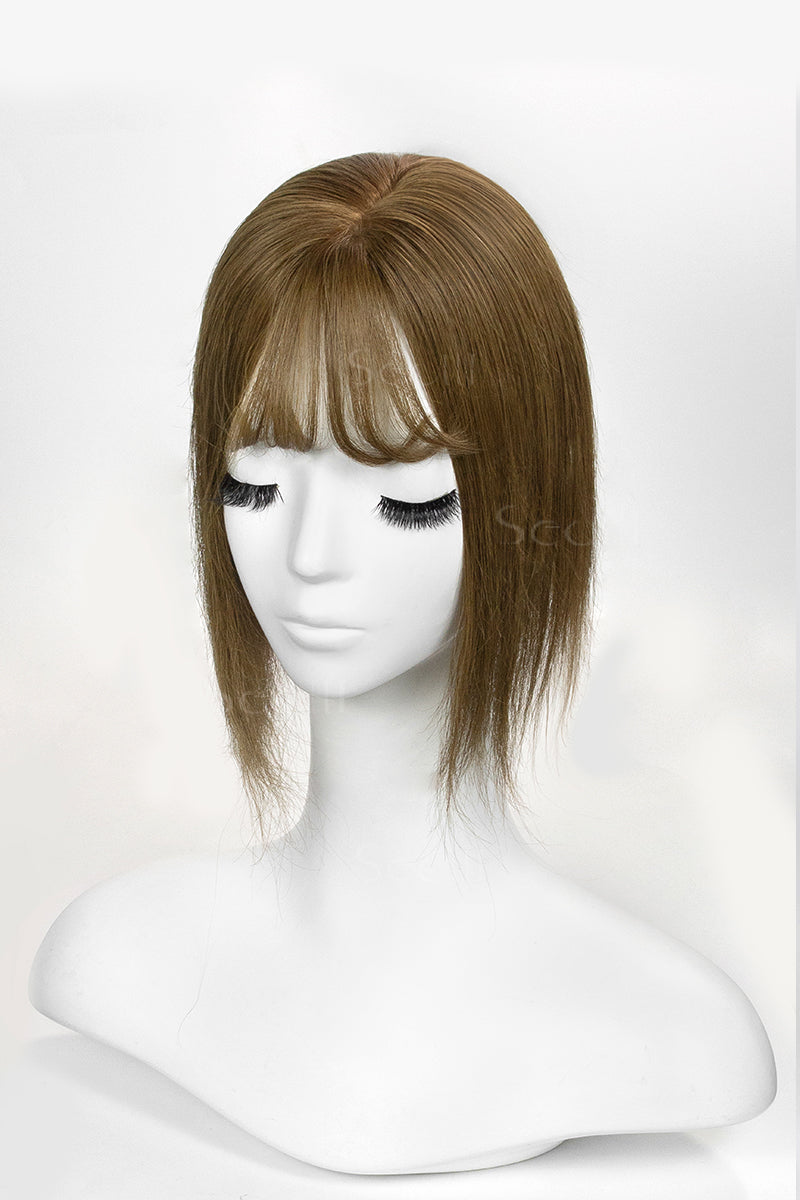 Flavia-B Silk Top Remy Human Hair Topper with Bangs Medium Ash Brown 