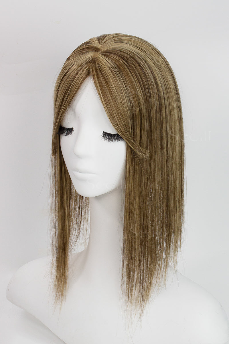 Flavia-B Silk Top Remy Human Hair Topper with Bangs Medium Brown with Warm Highlights 